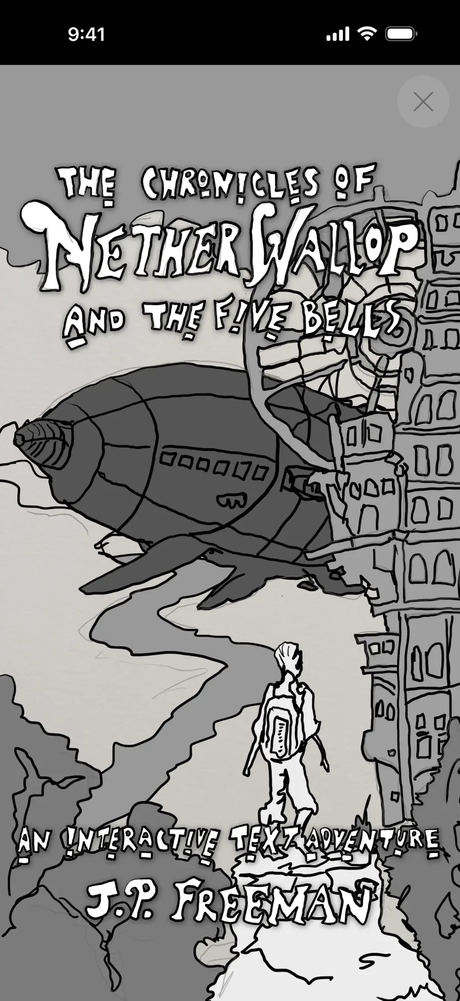 The cover: a traveler watches an airship pass a crooked tower