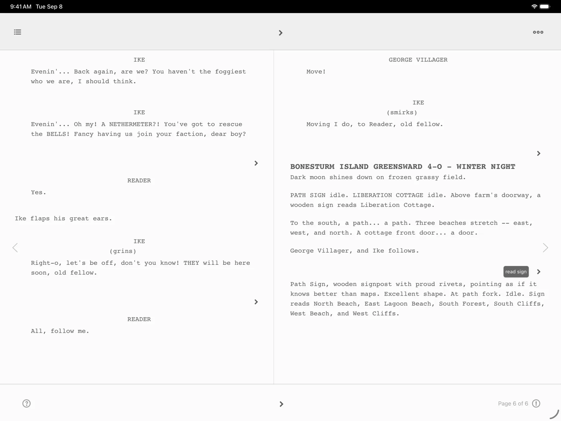 The two-page screenplay spread on iPad — the READER speaks on the page as a character, beside a scene heading and action lines