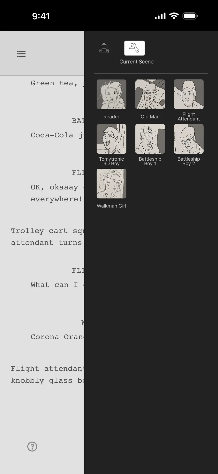 The Current Scene panel with character portraits