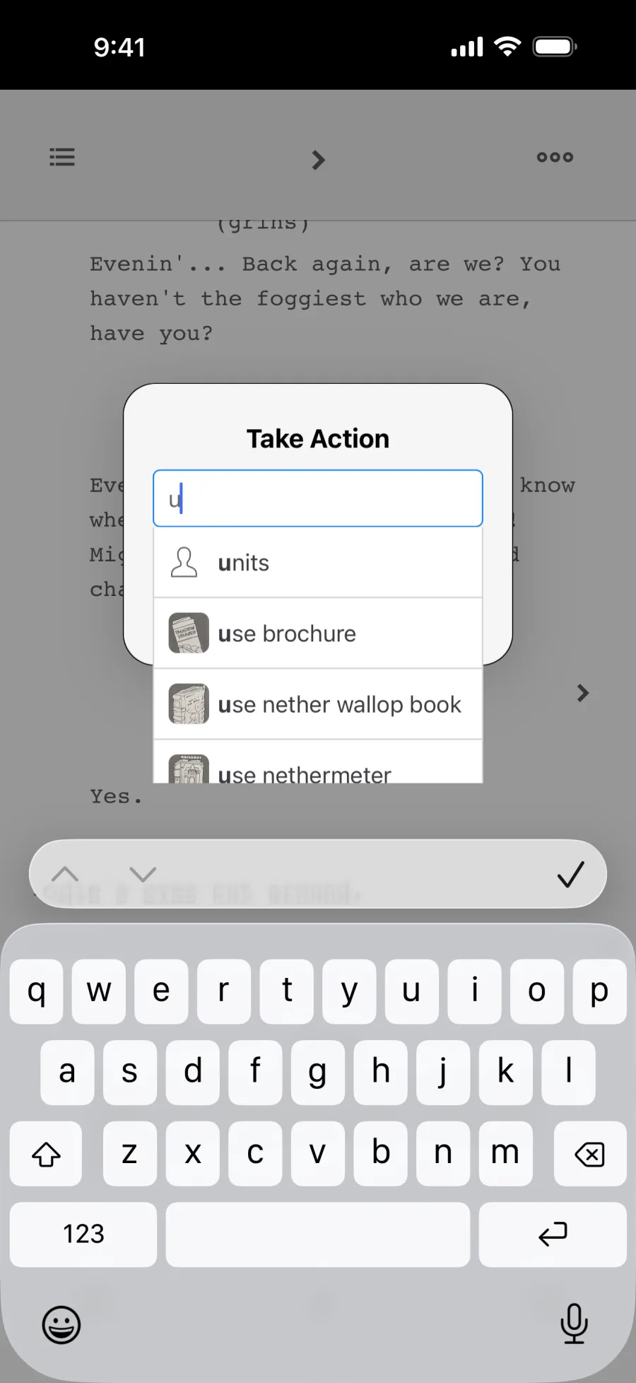 The Take Action prompt with scene-tuned autosuggest open